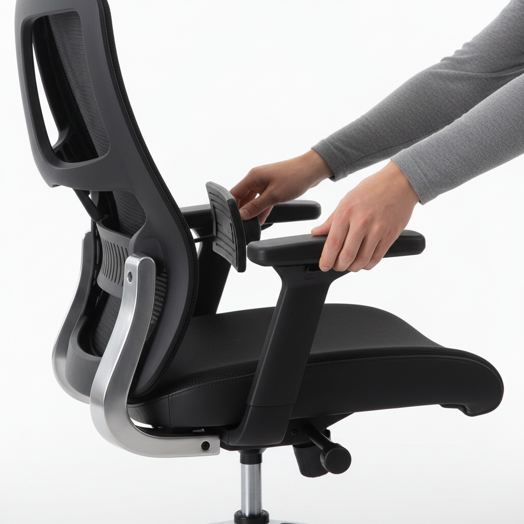 Person adjusting an ergonomic office chair's lumbar support