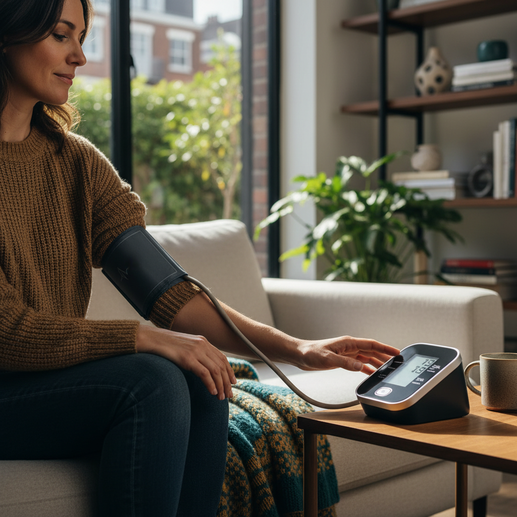 person checking their blood pressure at home