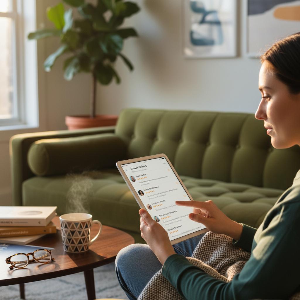 person reading reviews on a tablet