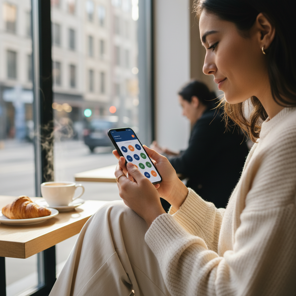 person using a smartphone, showing a clean user interface