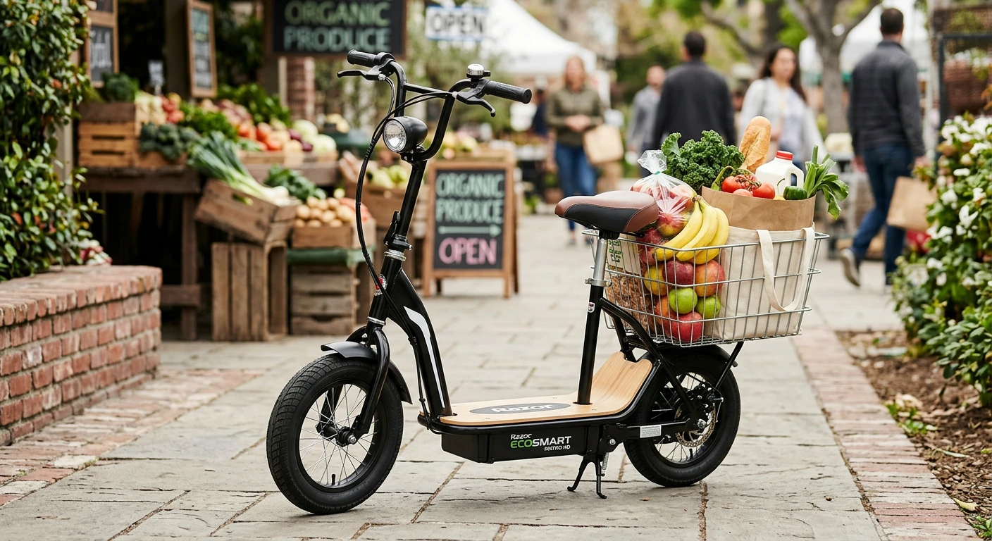 Razor EcoSmart Metro HD with a basket full of groceries