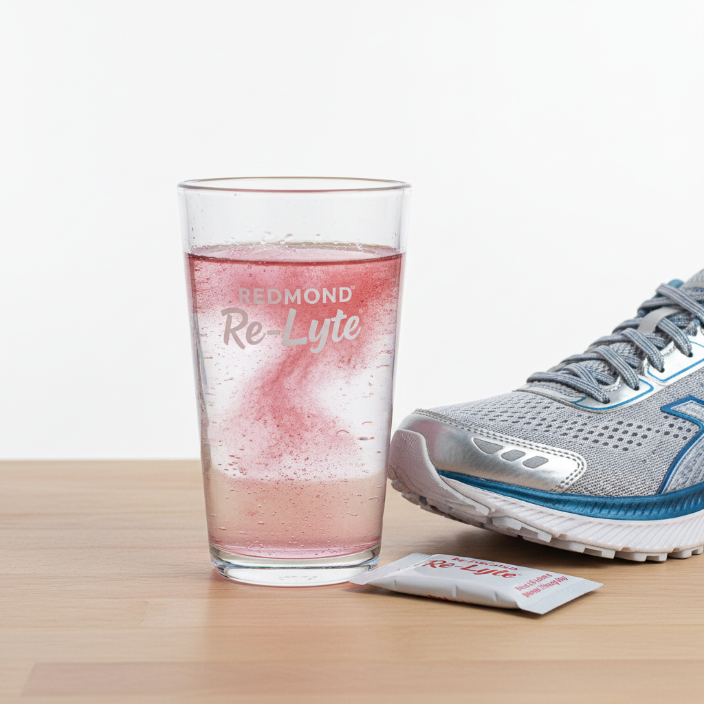 Redmond Re-Lyte powder in a glass of water next to a running shoe