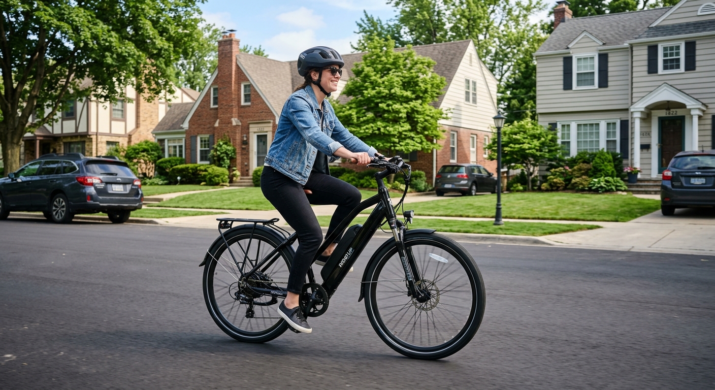 Ride1Up 700 Series cruising through a suburban street