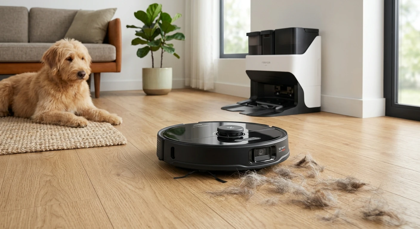 Roborock S8 MaxV Ultra efficiently cleaning up pet hair