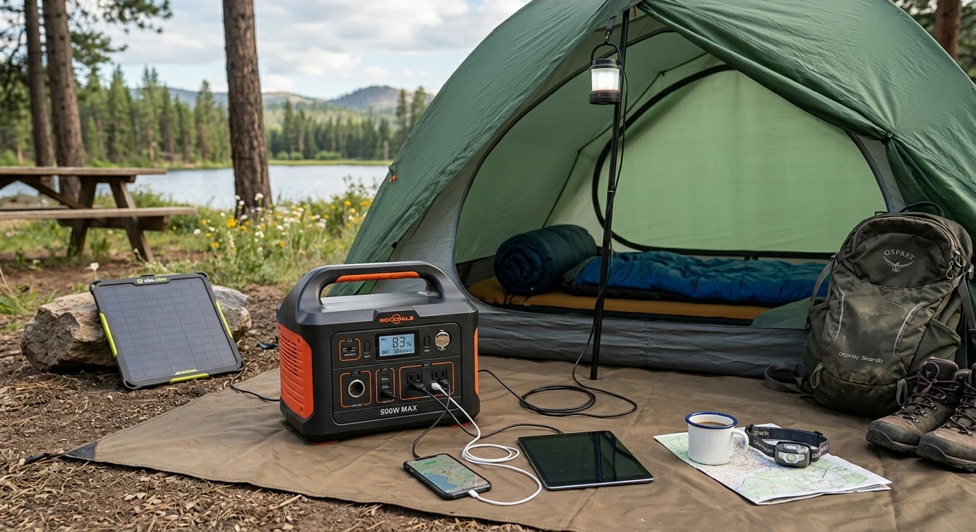 Rockpals 500W in a beginner camping setup, with simple gear