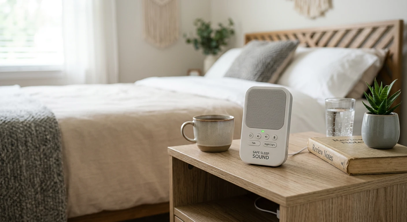SafeSleep Sound audio monitor on a bedside table