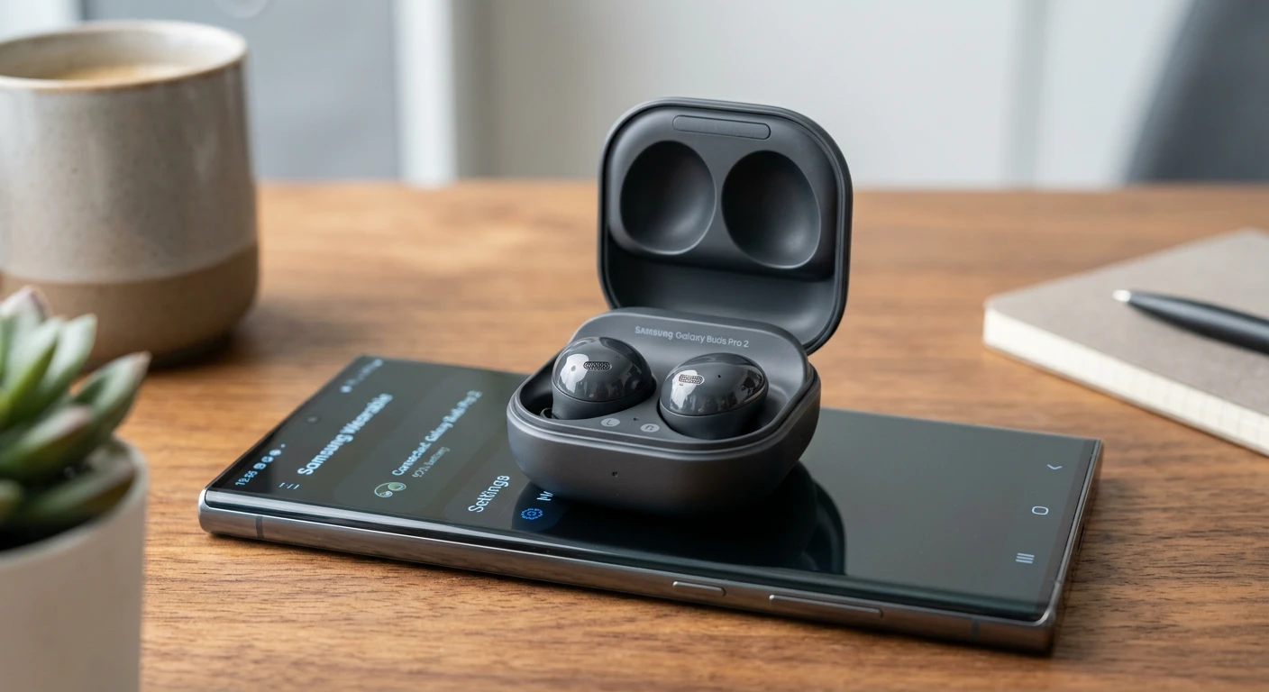Samsung Galaxy Buds Pro 2 with open charging case on a Samsung smartphone