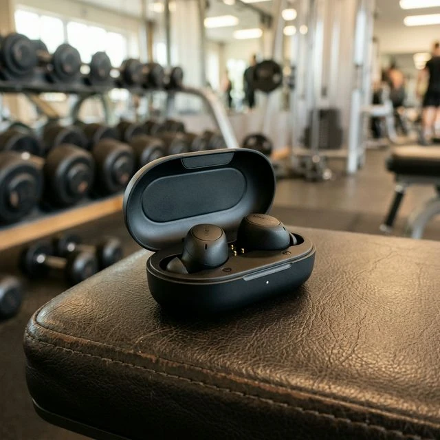 Samsung Galaxy Buds Pro 3 in a sleek black finish on a workout bench