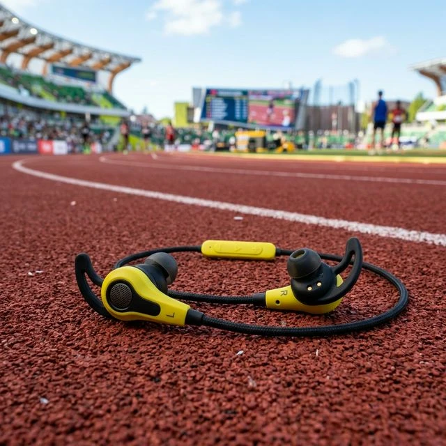 Sennheiser CX Sport earbuds with a vibrant yellow accent on a running track