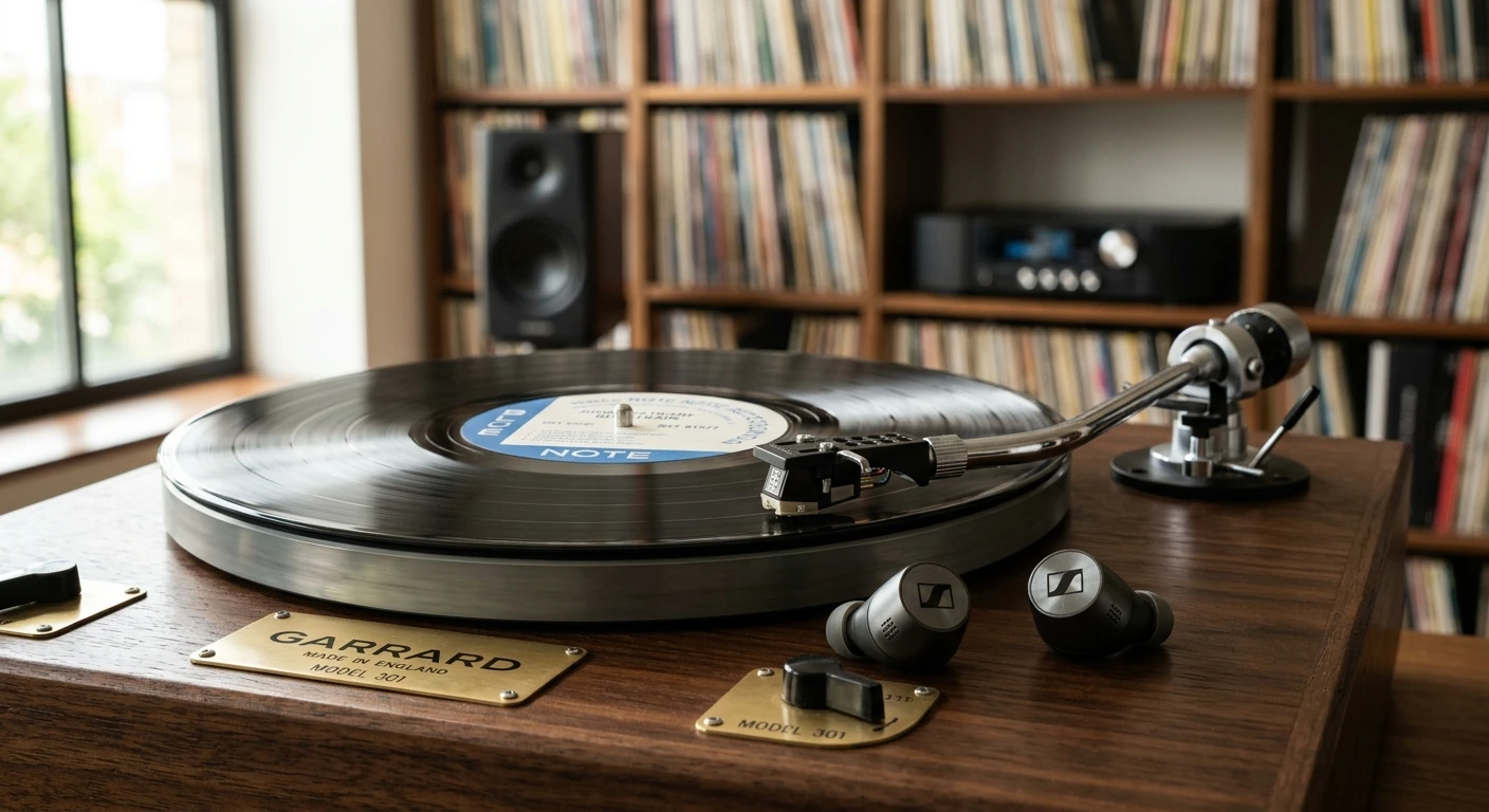 Sennheiser Momentum True Wireless 4 earbuds on a vintage record player