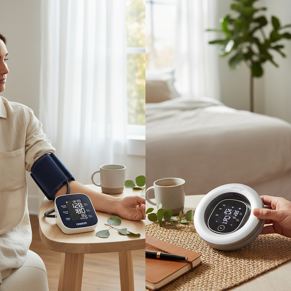 side-by-side comparison of Omron Platinum and Withings BPM Connect blood pressure cuffs