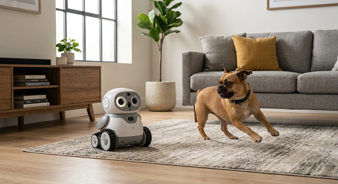 Skymee Owl Robot in a living room chasing a dog