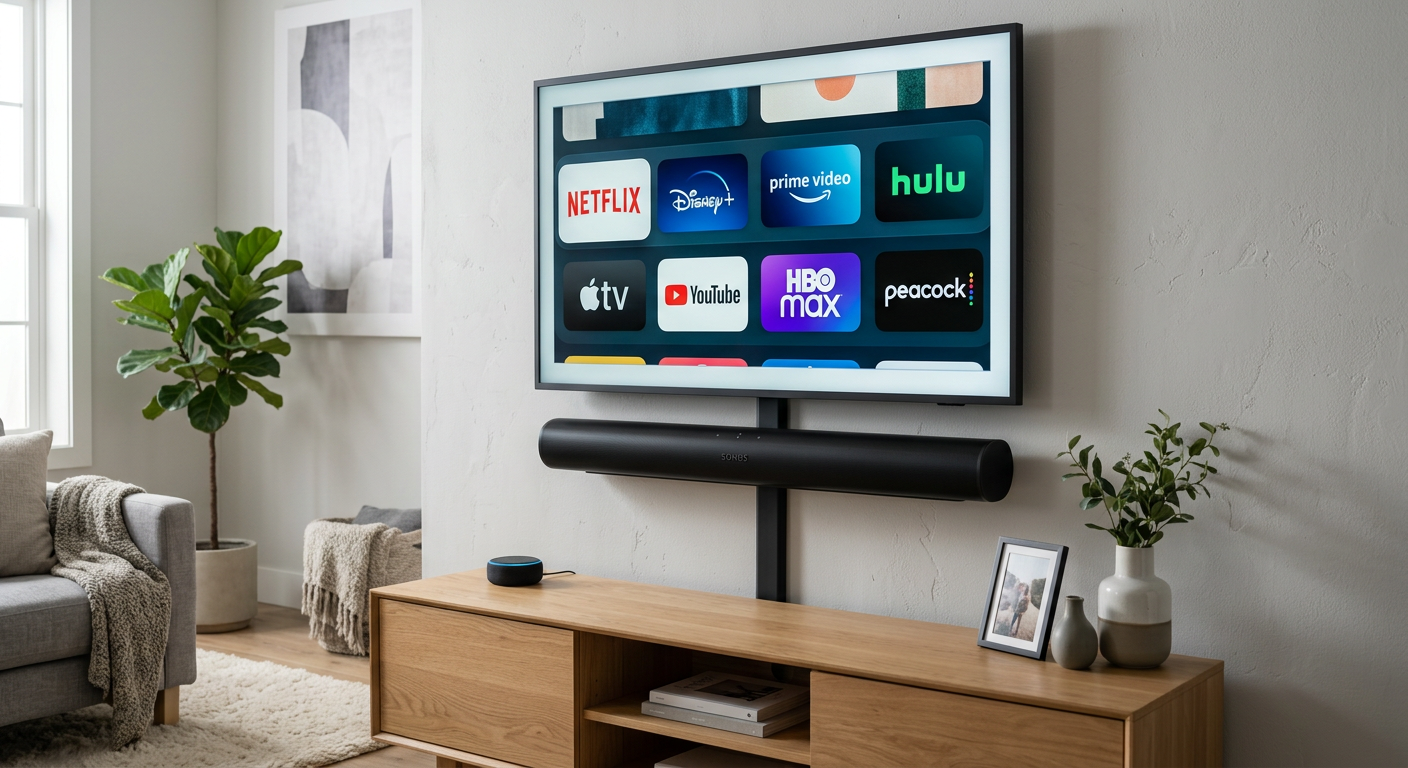 Sonos Arc soundbar beneath a wall-mounted TV with streaming icons displayed