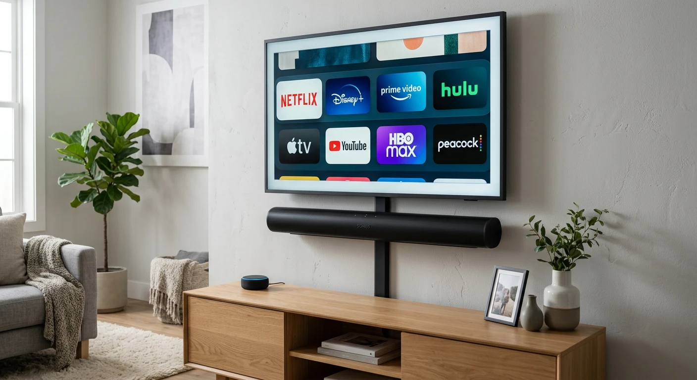 Sonos Arc soundbar beneath a wall-mounted TV with streaming icons displayed
