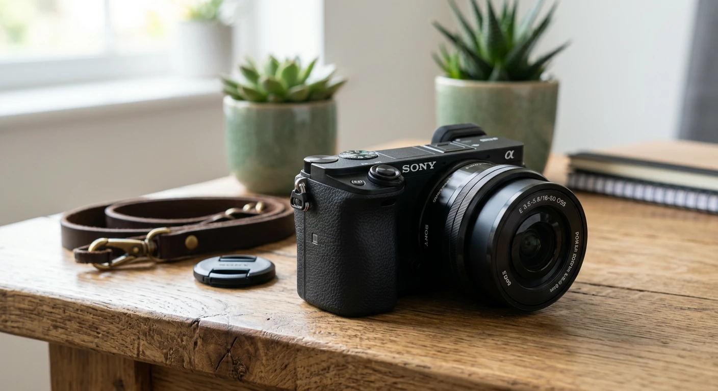 Sony Alpha a6100 with lens on a wooden table