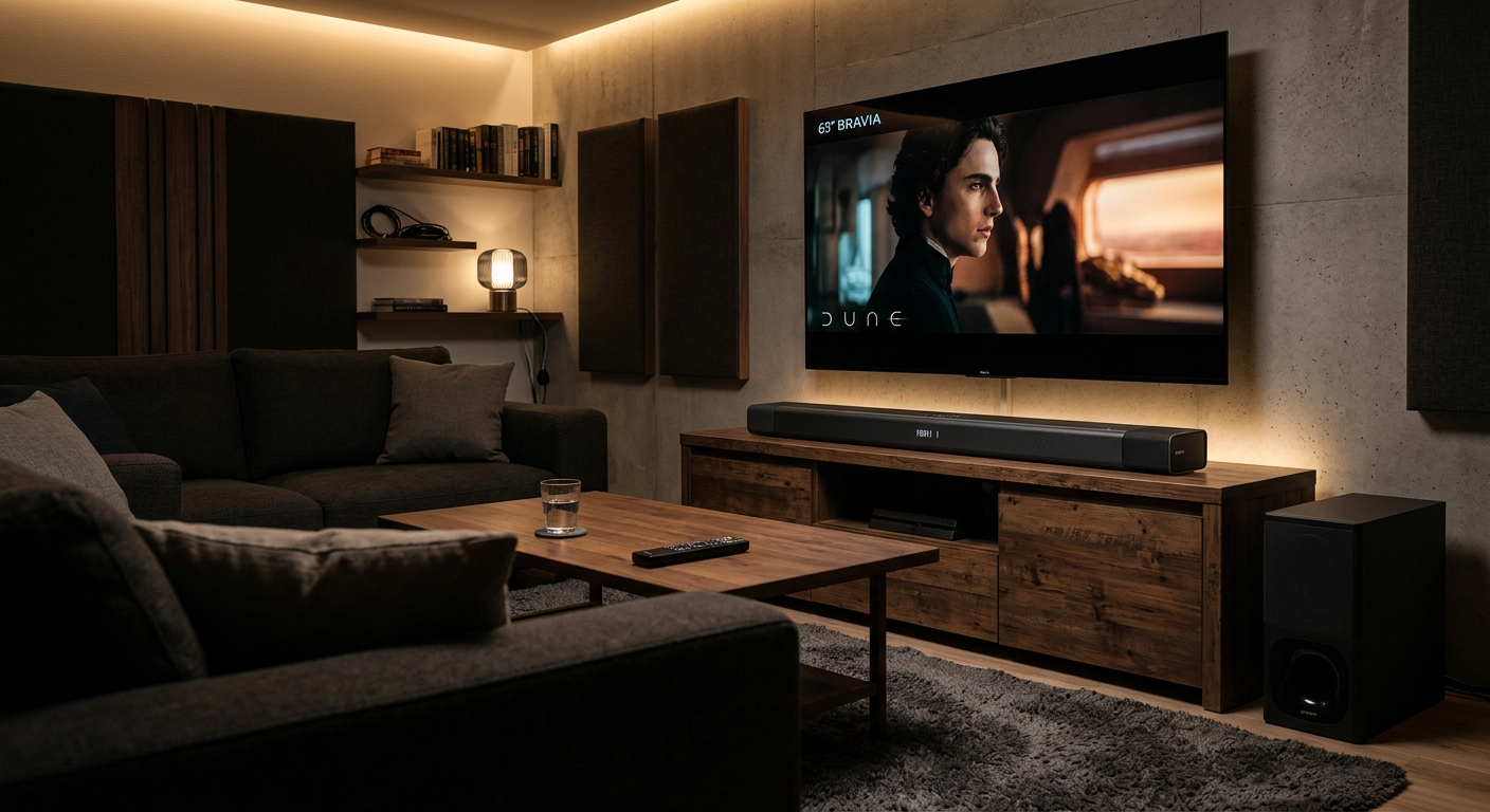 Sony HT-A7000 soundbar in a home theater setup with dim lighting