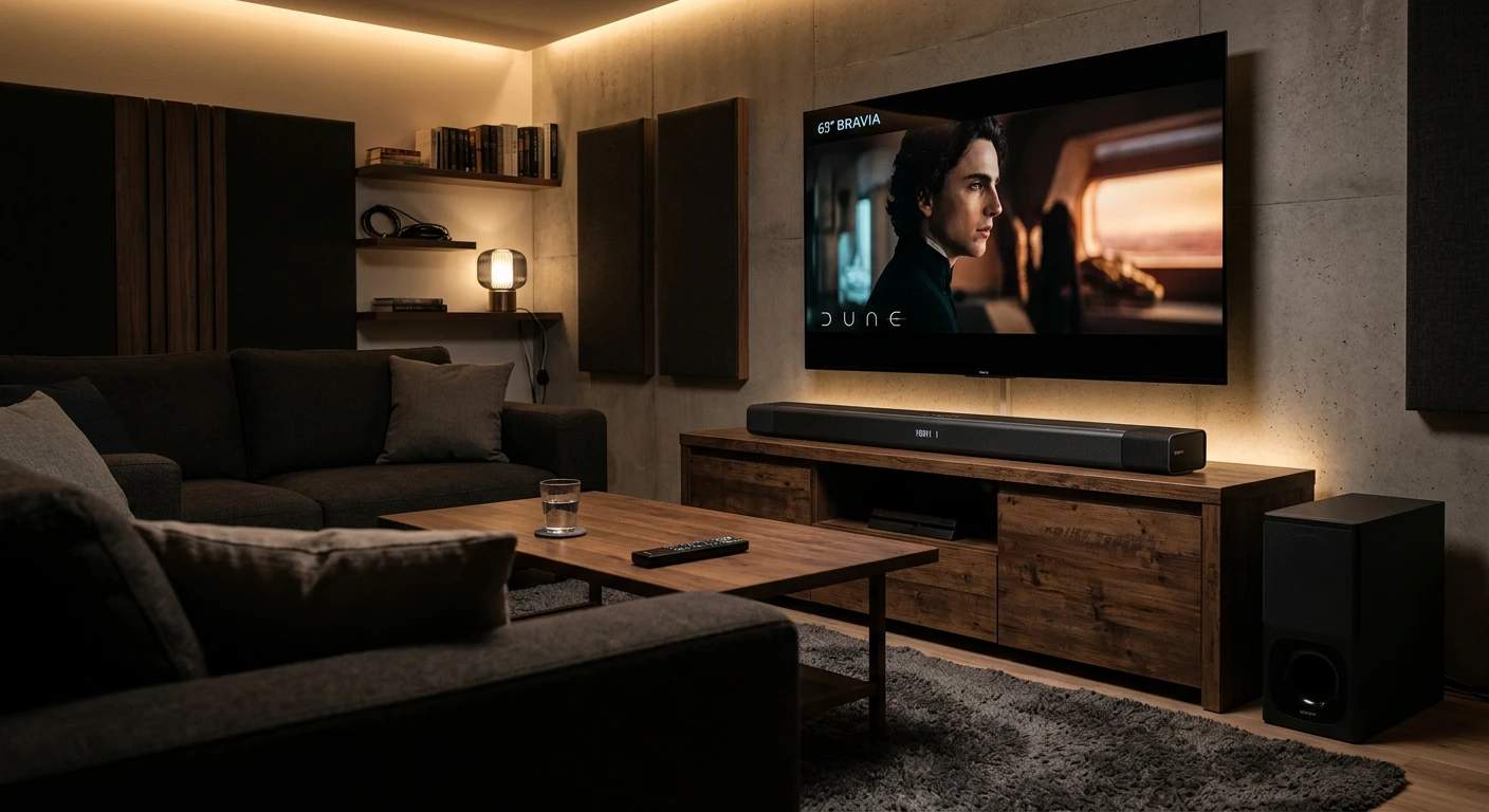Sony HT-A7000 soundbar in a home theater setup with dim lighting