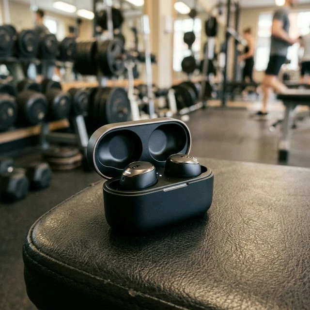 Sony WF-1000XM6 earbuds in a sleek charging case on a gym bench