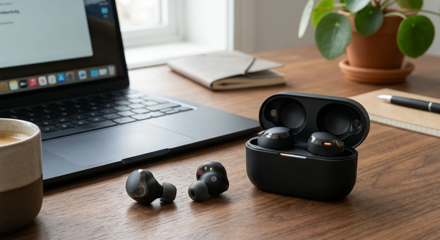 Sony WF-1000XM6 earbuds with charging case on a desk