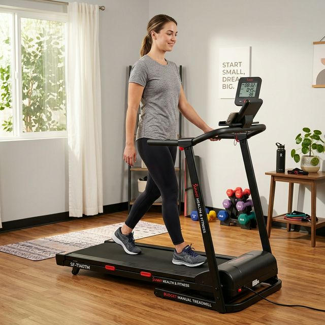Sunny Health & Fitness SF-T7515 treadmill in a beginner's home gym