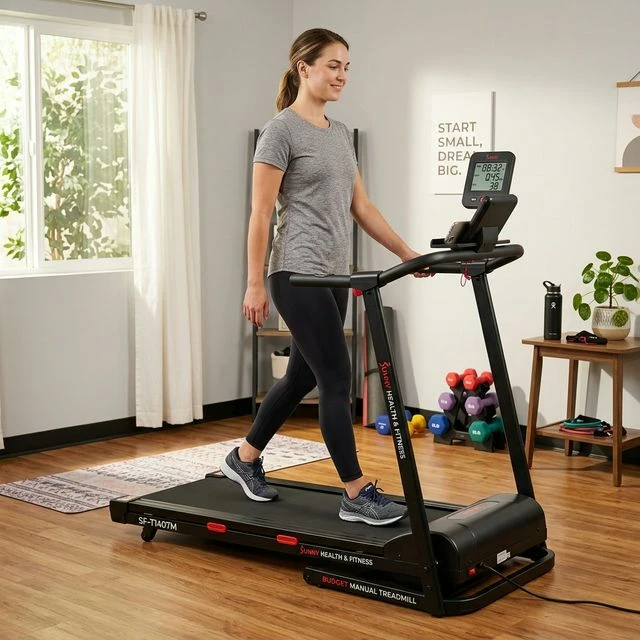 Sunny Health & Fitness SF-T7515 treadmill in a beginner's home gym