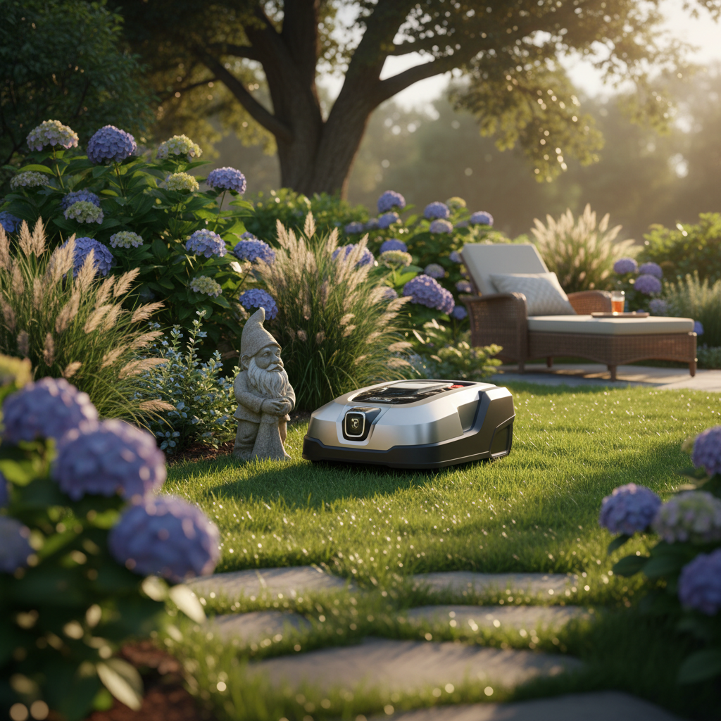 TerraMow X-Series 2026 navigating around a garden obstacle