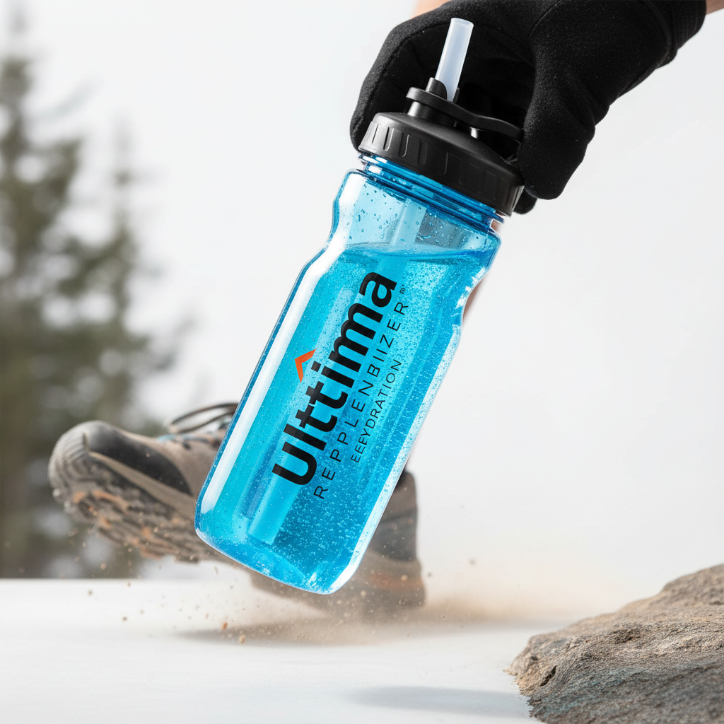Ultima Replenisher powder in a sports bottle during a trail run