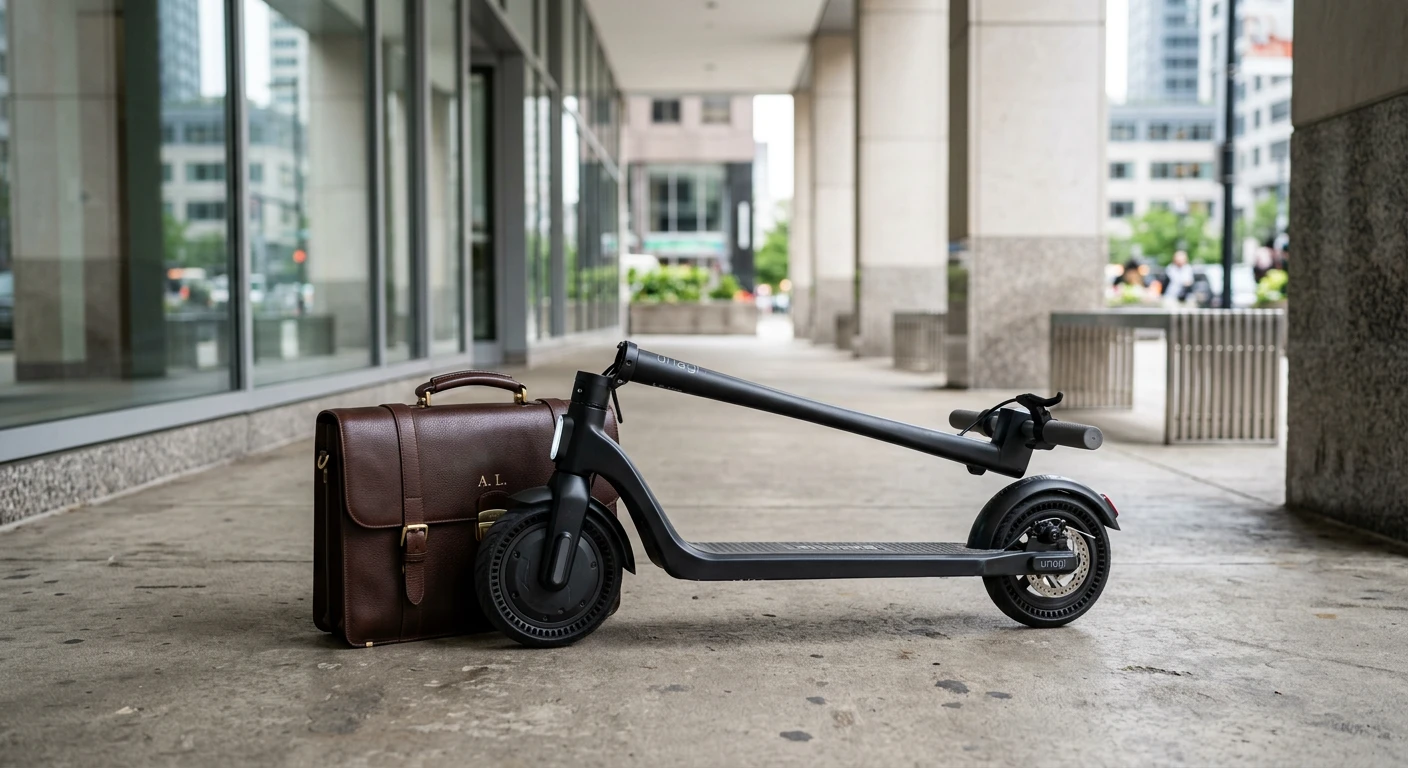 Unagi Model One E500 folded next to a briefcase