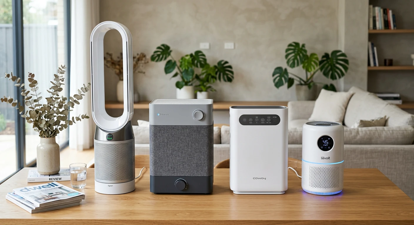 Various air purifiers arranged on a sleek tabletop in a modern home