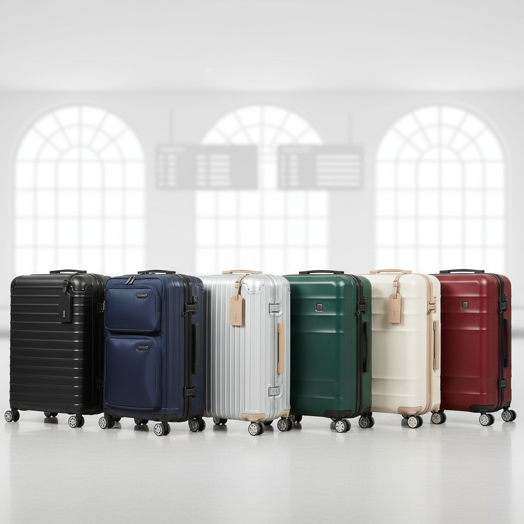 Various carry-on luggage models lined up in an airport terminal