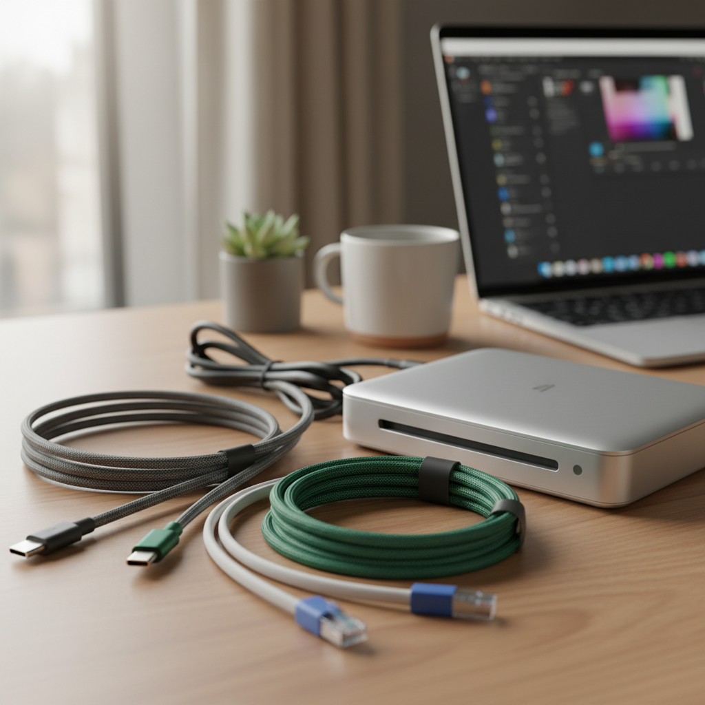 various connectivity cables (USB, Ethernet) next to a small scanner