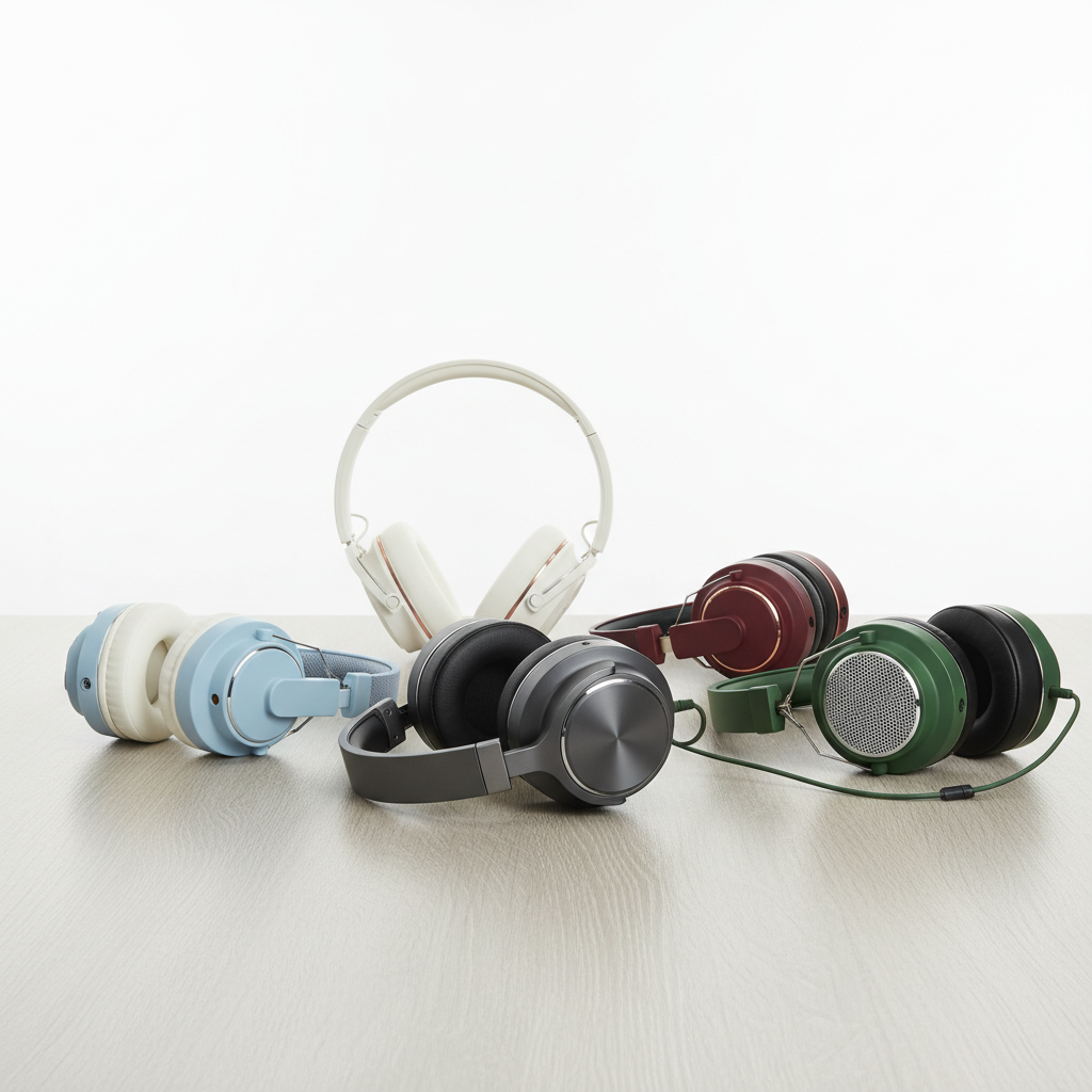 various noise cancelling headphones laid out on a table, showcasing different designs and colors