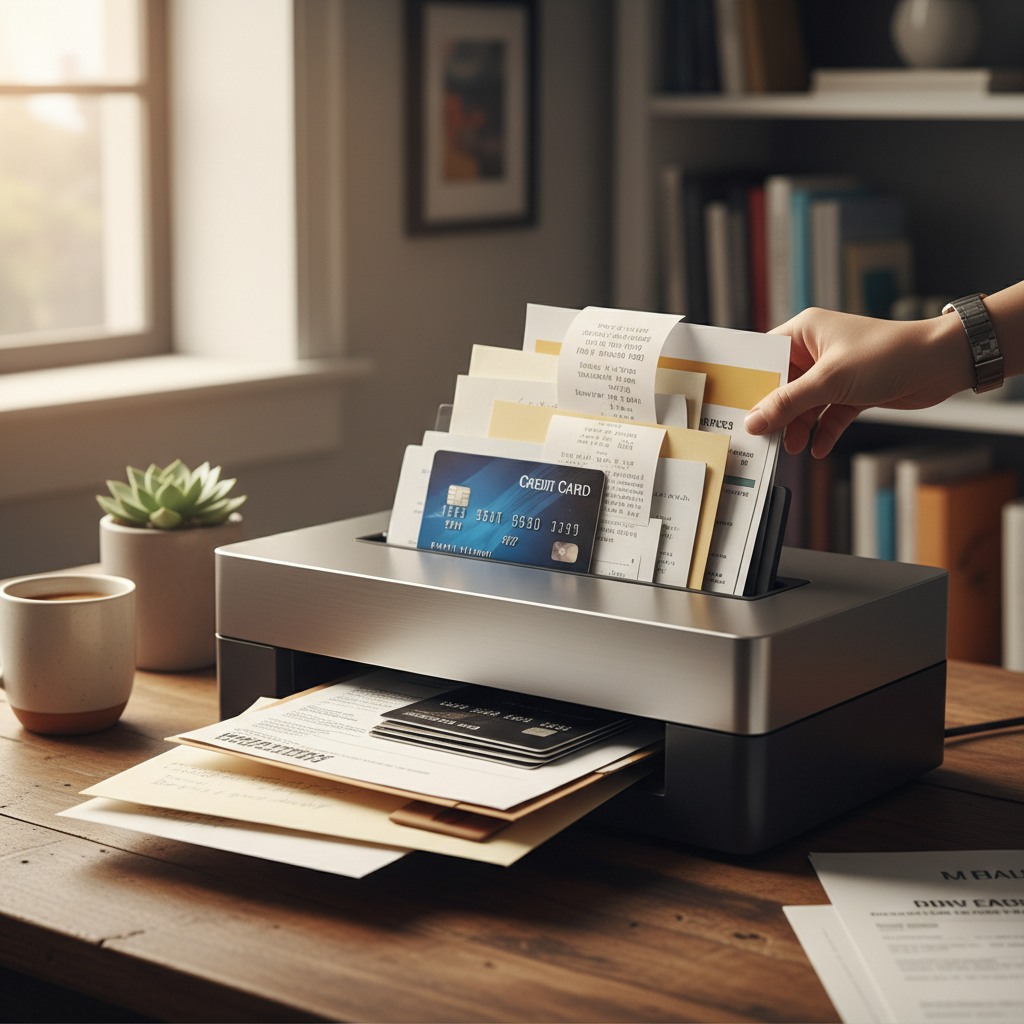various types of documents (receipts, cards, letters) being fed into a scanner