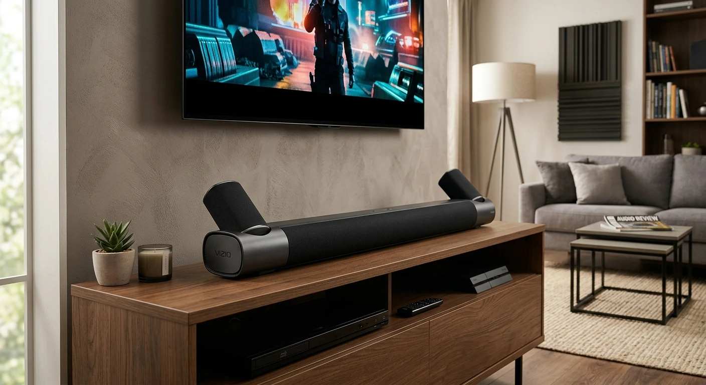 Vizio Elevate soundbar with rotating speakers in a dynamic home entertainment setup