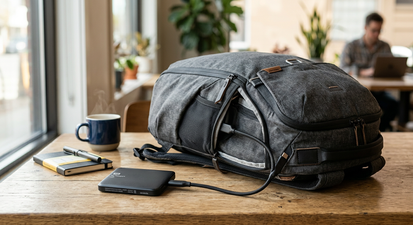 WD My Passport SSD next to a travel backpack