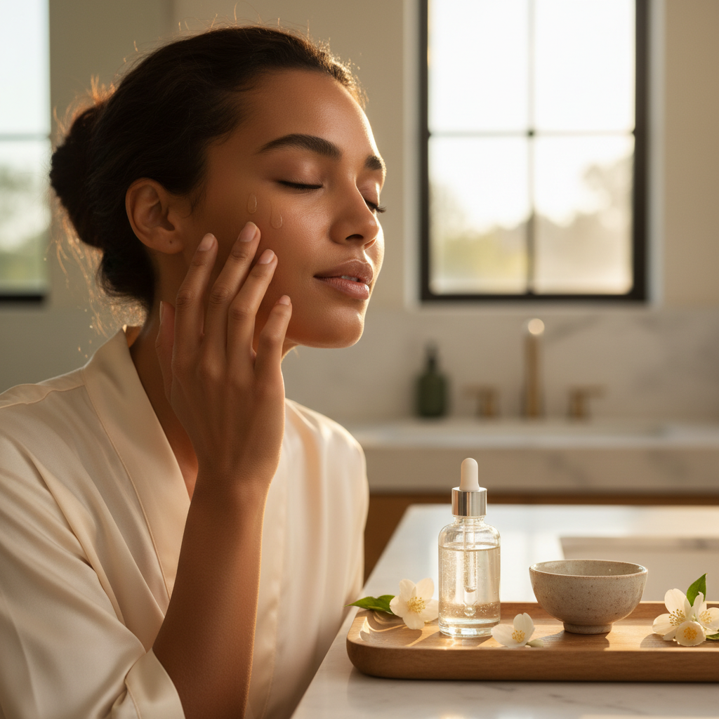woman applying serum to her face, showing smooth skin