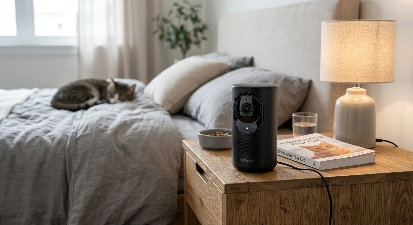 WOpet Smart Pet Camera on a nightstand