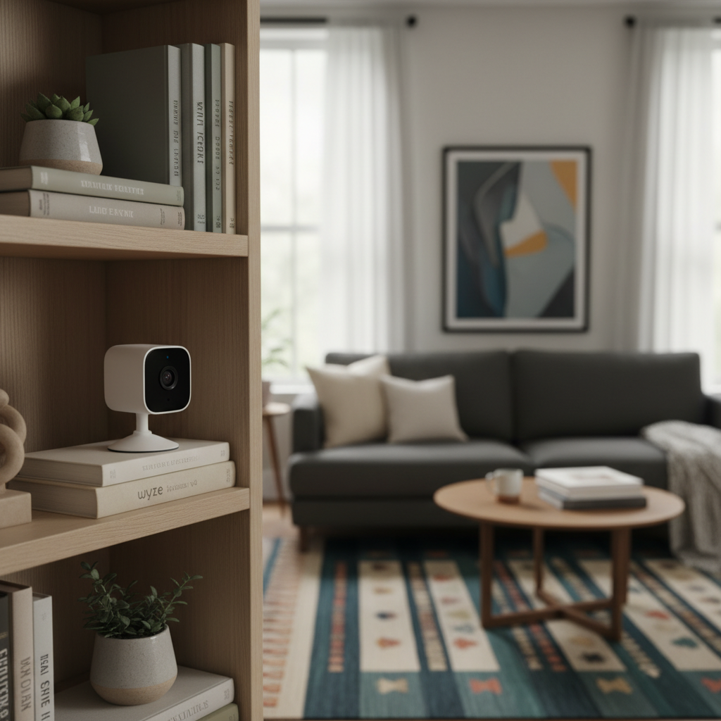Wyze Cam v4 on a bookshelf, monitoring a living room