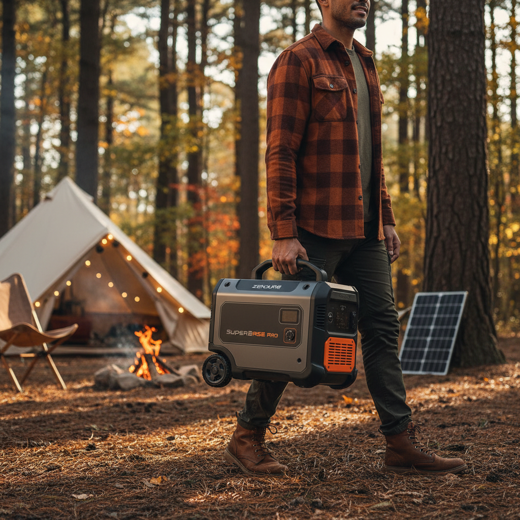 Zendure SuperBase Pro being carried through a campsite