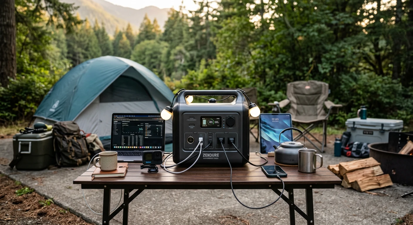 Zendure SuperBase Pro being used in a diverse campsite setup with multiple gadgets