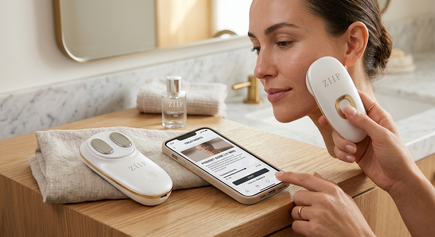 Ziip Beauty GX device with app interface on a smartphone